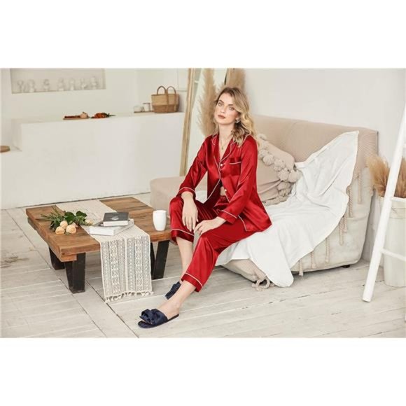 Ekouaer Women's Classic Button Down Long Satin Silk Pajama Set - Picture 4 of 6